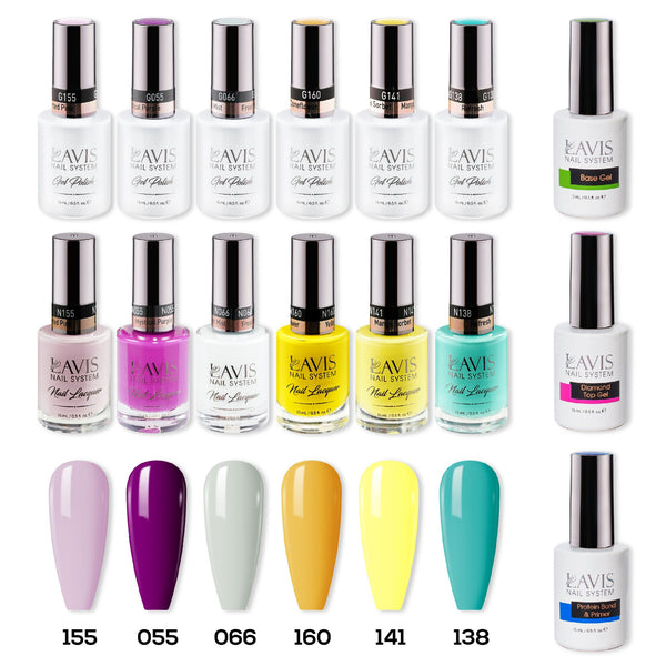 LAVIS Gel & Matching Lacquer Starter Summer Set G6: 155, 055, 066, 160, 141, 138, Base,Top & Bond Primer