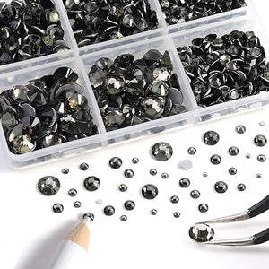 Crystal Rhinestones Gems for Nails Design Mix 6 Shapes Crystal Diamonds Stone Bling with Tweezers for Nail Art DIY Craft 04 - Jet Hematite