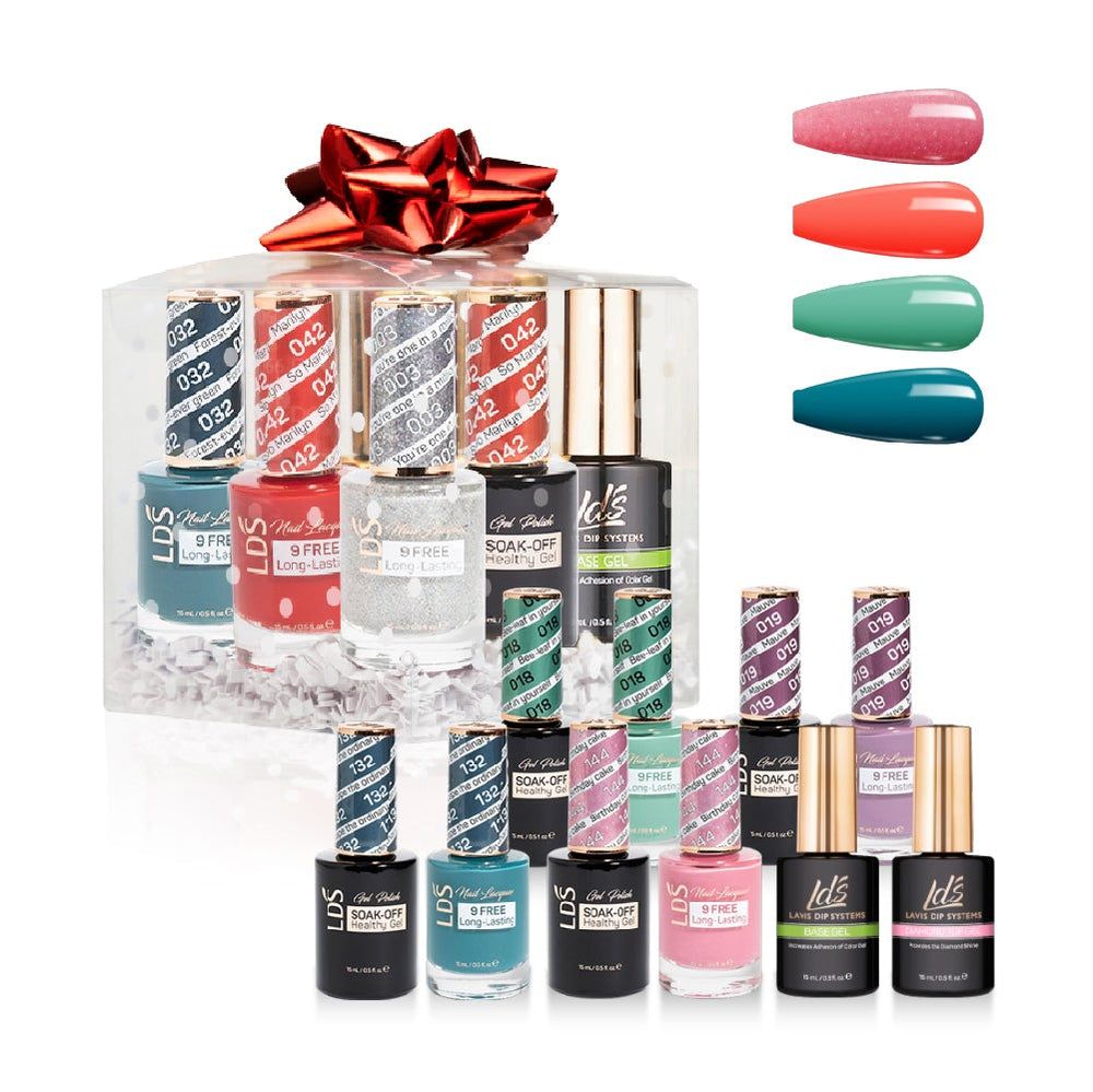 LDS Holiday Gift Bundle: 4 Gel & Lacquer, 1 Base Gel, 1 Top Gel - 018, 019, 132, 144