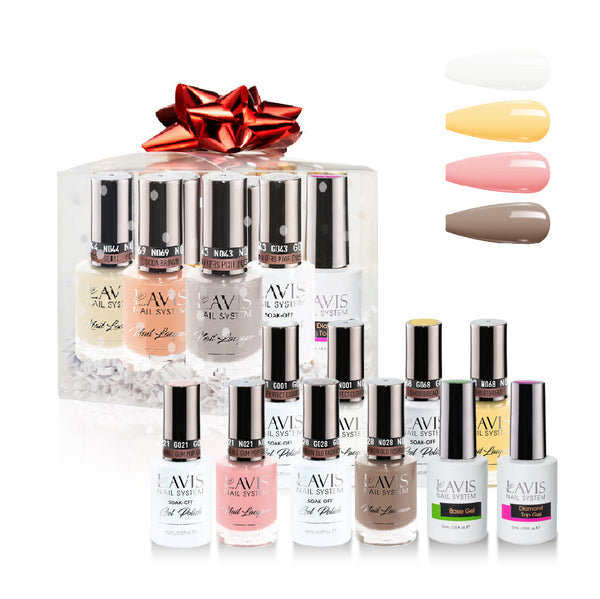 LAVIS Holiday Gift Bundle: 4 Gel & Lacquer, 1 Base Gel, 1 Top Gel - 001, 068, 021, 028