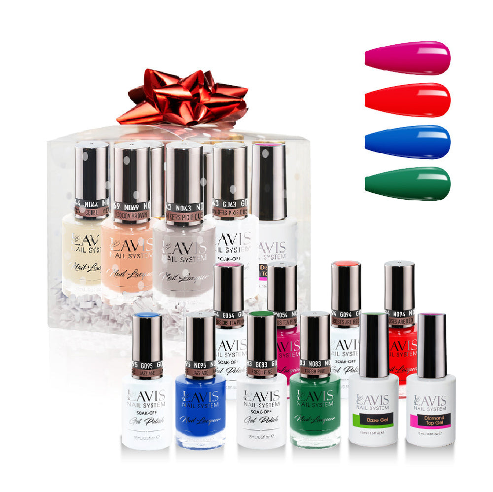 LAVIS Holiday Gift Bundle: 4 Gel & Lacquer, 1 Base Gel, 1 Top Gel - 054, 094, 095, 083