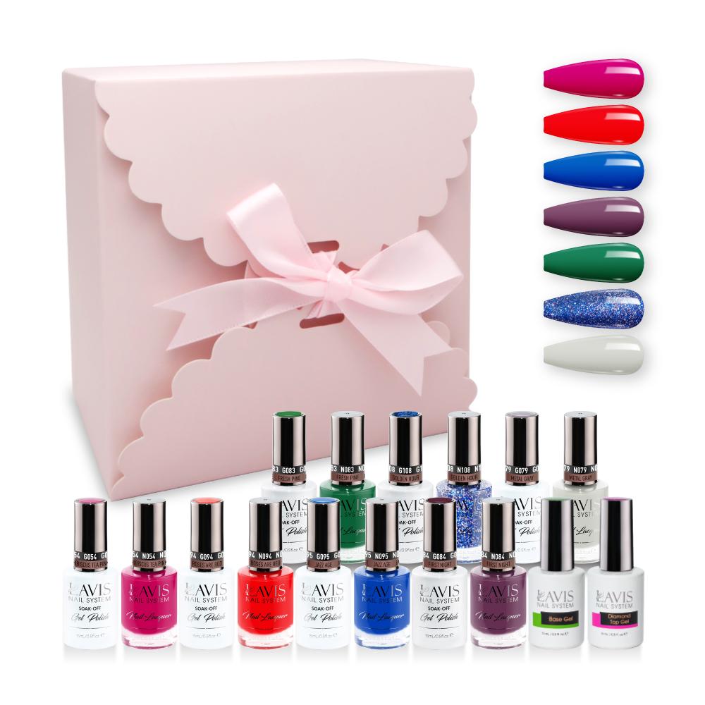 LAVIS Holiday Gift Bundle: 7 Gel & Lacquer, 1 Base Gel, 1 Top Gel - 054, 094, 095, 084, 083, 108, 079