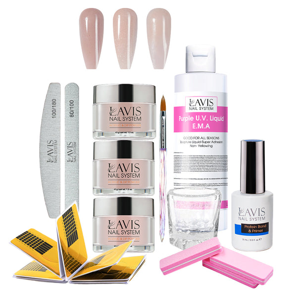 Lavis Acrylic Kit 3-10 Nude Colors - 3 Colors, Liquid E.M.A 8oz, Bursh #10 , Dappen Dish, Acrylic Nail Form, Nail File and Buffer, Nail primer