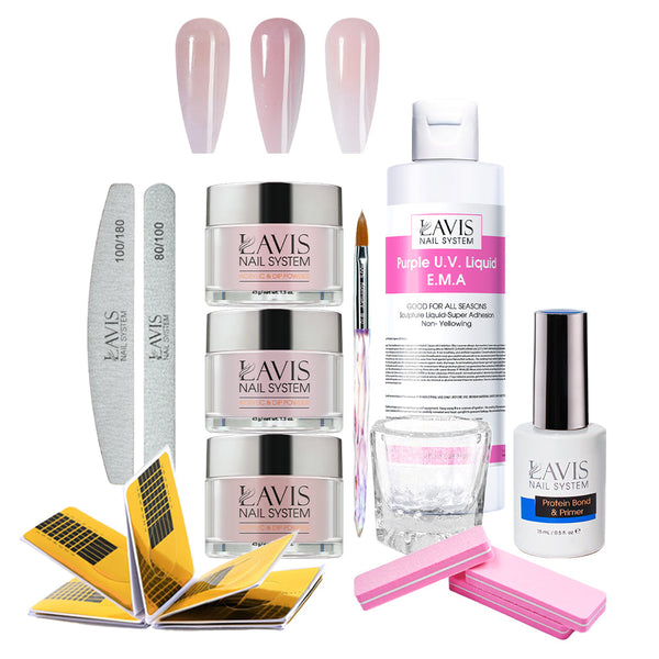 Lavis Acrylic Kit 3-1 Pink Colors  - 3 Colors, Liquid E.M.A 8oz, Bursh #10 , Dappen Dish, Acrylic Nail Form, Nail File and Buffer, Nail primer
