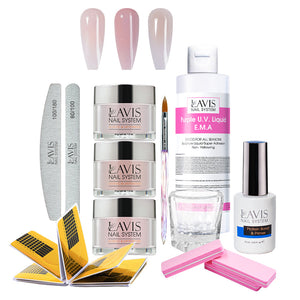 Lavis Acrylic Kit 3-2 Pink Colors  - 3 Colors, Liquid E.M.A 8oz, Bursh #10 , Dappen Dish, Acrylic Nail Form, Nail File and Buffer, Nail primer