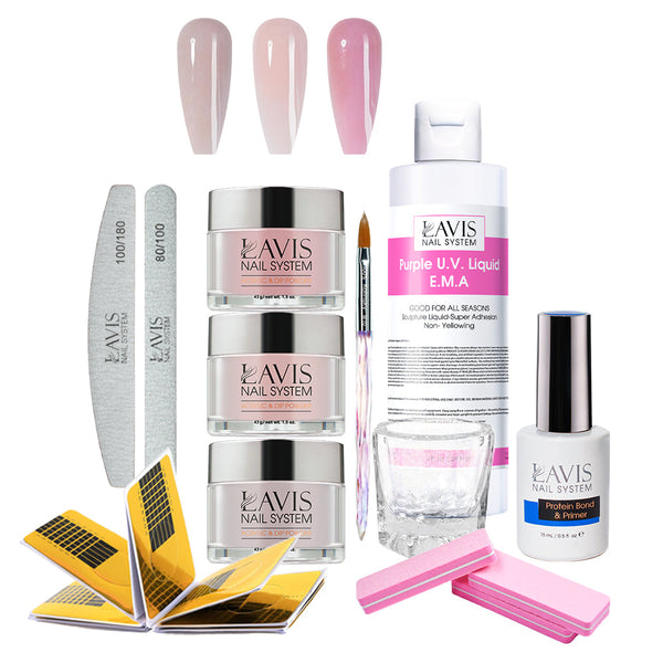Lavis Acrylic Kit 3-3 Pink Colors  - 3 Colors, Liquid E.M.A 8oz, Bursh #10 , Dappen Dish, Acrylic Nail Form, Nail File and Buffer, Nail primer