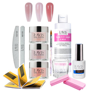 Lavis Acrylic Kit 3-4 Pink Colors  - 3 Colors, Liquid E.M.A 8oz, Bursh #10 , Dappen Dish, Acrylic Nail Form, Nail File and Buffer, Nail primer