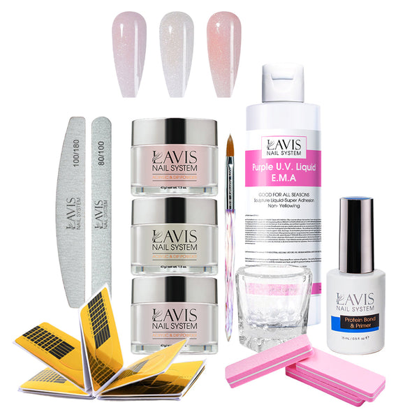 Lavis Acrylic Kit 3-5 Shimmer Colors  - 3 Colors, Liquid E.M.A 8oz, Bursh #10 , Dappen Dish, Acrylic Nail Form, Nail File and Buffer, Nail primer