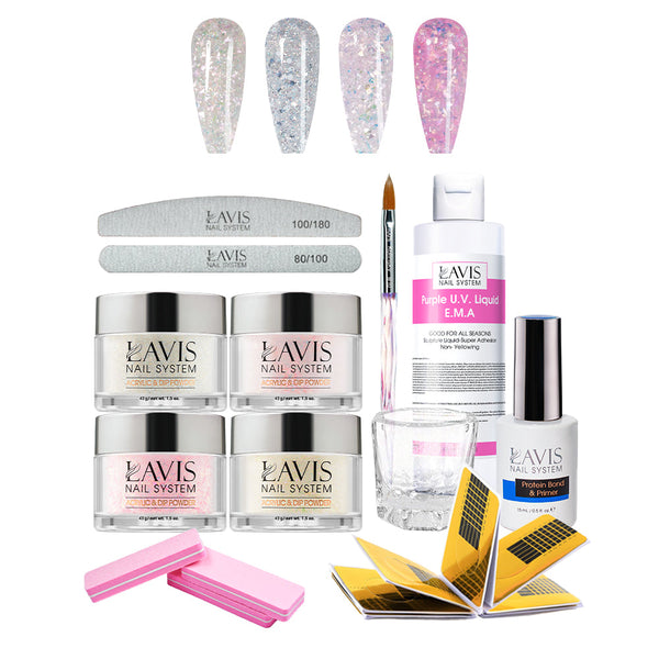Lavis Acrylic Kit 3-7 Glitter Colors  - 4 Colors, Liquid E.M.A 8oz, Bursh #10 , Dappen Dish, Acrylic Nail Form, Nail File and Buffer, Nail primer