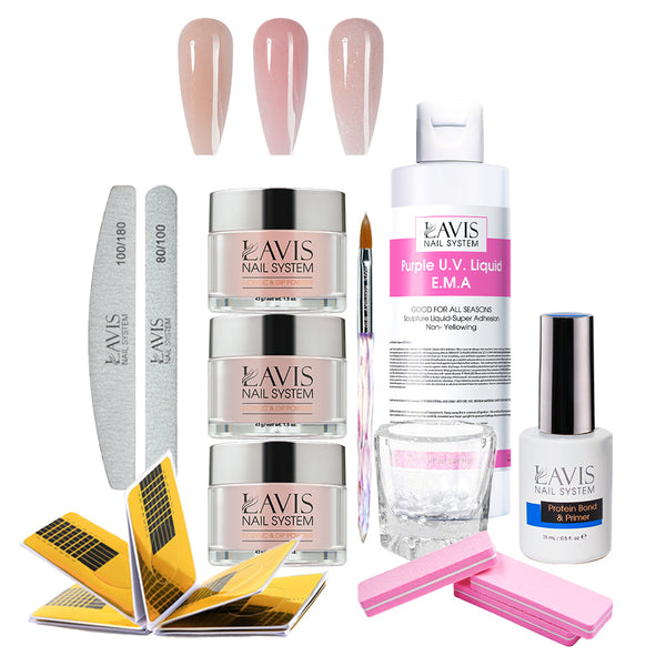 Lavis Acrylic Kit 3-9 Nude Colors - 3 Colors, Liquid E.M.A 8oz, Bursh #10 , Dappen Dish, Acrylic Nail Form, Nail File and Buffer, Nail primer