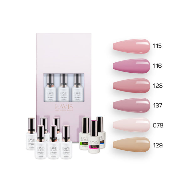  Lavis Nude Pastel 2022 Collection Gel Set 2: 6 Gel Polishes, 1 Base Gel, 1 Top Gel, 1 Protein Bond & Primer - 115; 116; 128; 137; 078; 129 by LAVIS NAILS sold by DTK Nail Supply