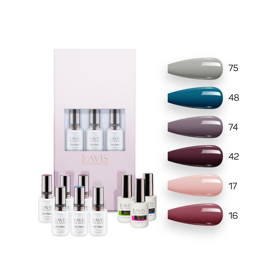  Lavis Nude Pastel 2022 Collection Gel Set 9: 6 Gel Polishes, 1 Base Gel, 1 Top Gel, 1 Protein Bond & Primer - 075; 048; 074; 042; 017; 016 by LAVIS NAILS sold by DTK Nail Supply