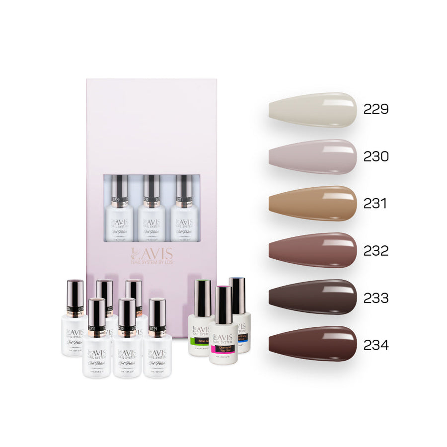  Lavis Nude Pastel 2022 Collection Gel Set 10: 6 Gel Polishes, 1 Base Gel, 1 Top Gel, 1 Protein Bond & Primer - 229; 230; 231; 232; 233; 234 by LAVIS NAILS sold by DTK Nail Supply