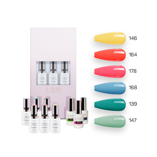  Lavis Summer Collection Gel Set 1: 6 Gel Polishes, 1 Base Gel, 1 Top Gel, 1 Protein Bond & Primer - 146; 164; 178; 168; 139; 147 by LAVIS NAILS sold by DTK Nail Supply