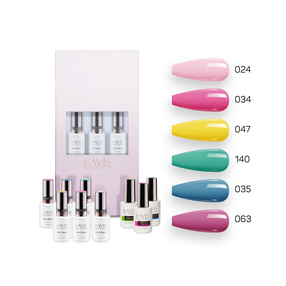  Lavis Summer Collection Gel Set 10: 6 Gel Polishes, 1 Base Gel, 1 Top Gel, 1 Protein Bond & Primer - 024; 034; 047; 140; 035; 063 by LAVIS NAILS sold by DTK Nail Supply