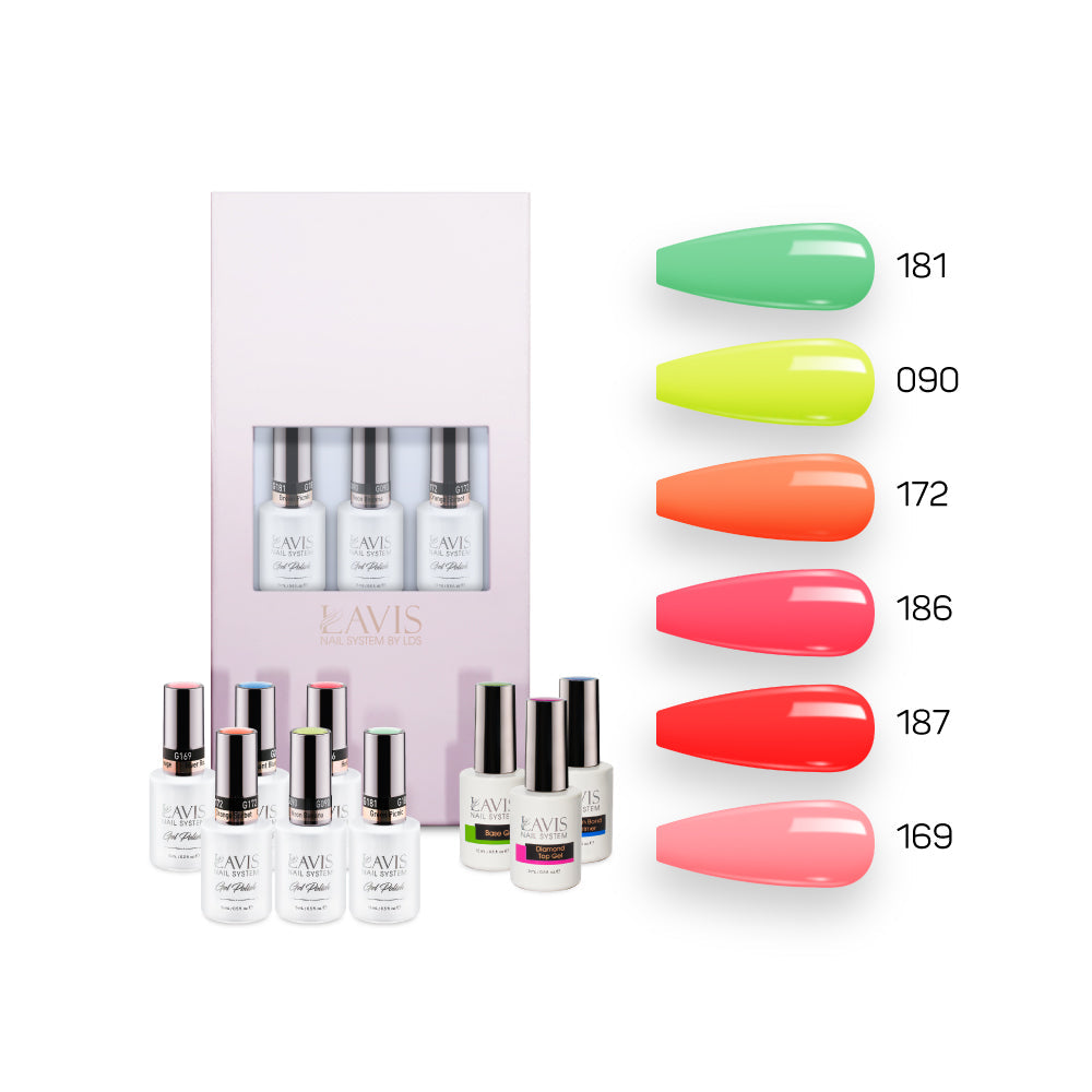  Lavis Summer Collection Gel Set 11: 6 Gel Polishes, 1 Base Gel, 1 Top Gel, 1 Protein Bond & Primer - 181; 090; 172; 186; 187; 169 by LAVIS NAILS sold by DTK Nail Supply