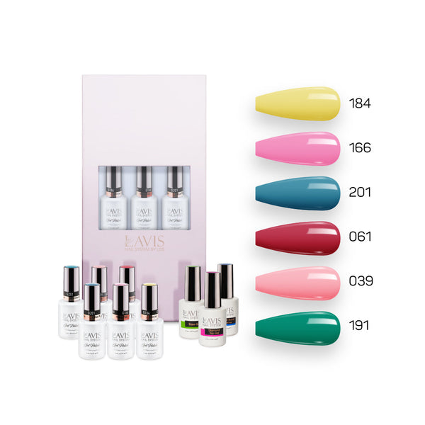  Lavis Summer Collection Gel Set 12: 6 Gel Polishes, 1 Base Gel, 1 Top Gel, 1 Protein Bond & Primer - 184; 166; 201; 061; 039; 191 by LAVIS NAILS sold by DTK Nail Supply