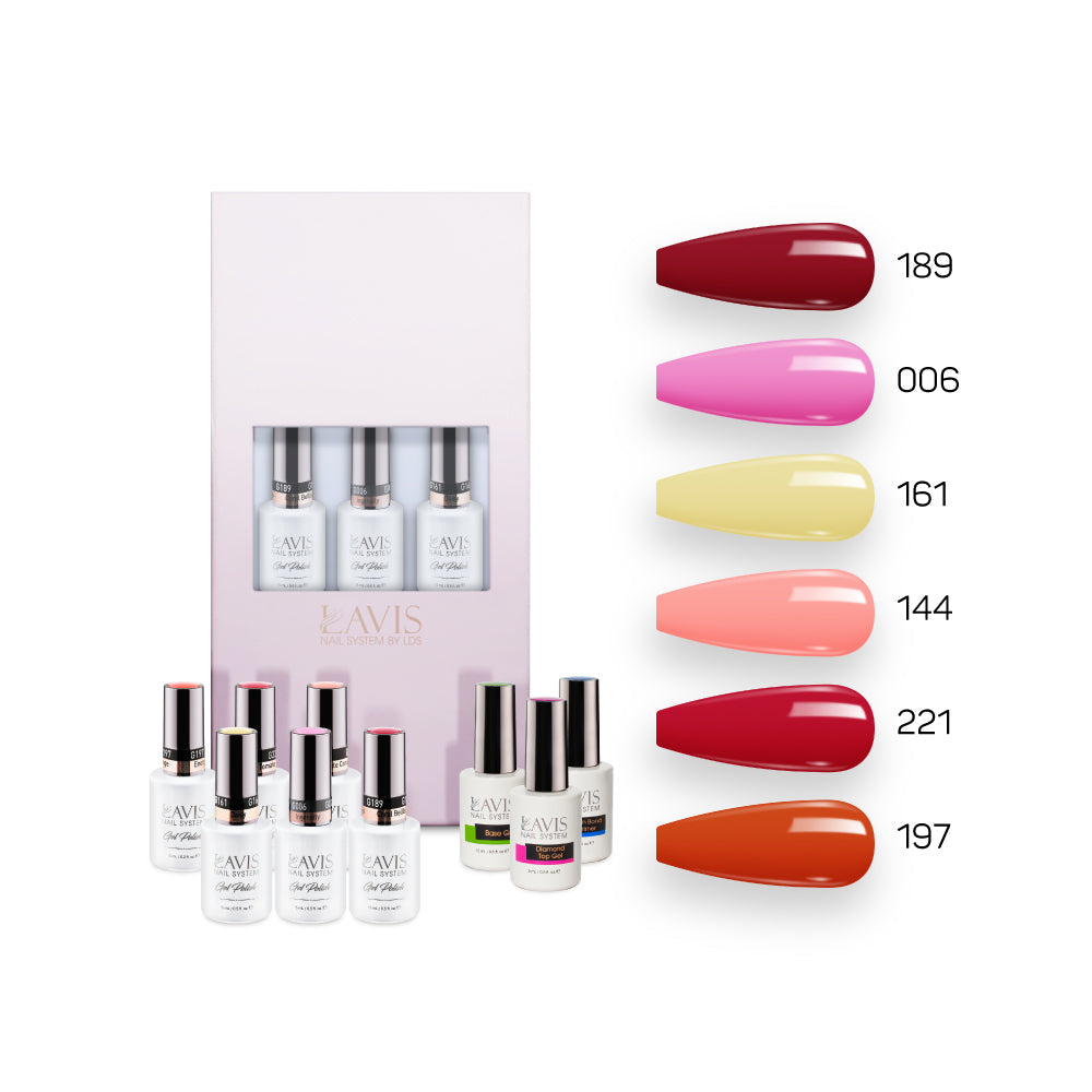  Lavis Summer Collection Gel Set 3: 6 Gel Polishes, 1 Base Gel, 1 Top Gel, 1 Protein Bond & Primer - 189; 006; 161; 144; 221; 197 by LAVIS NAILS sold by DTK Nail Supply