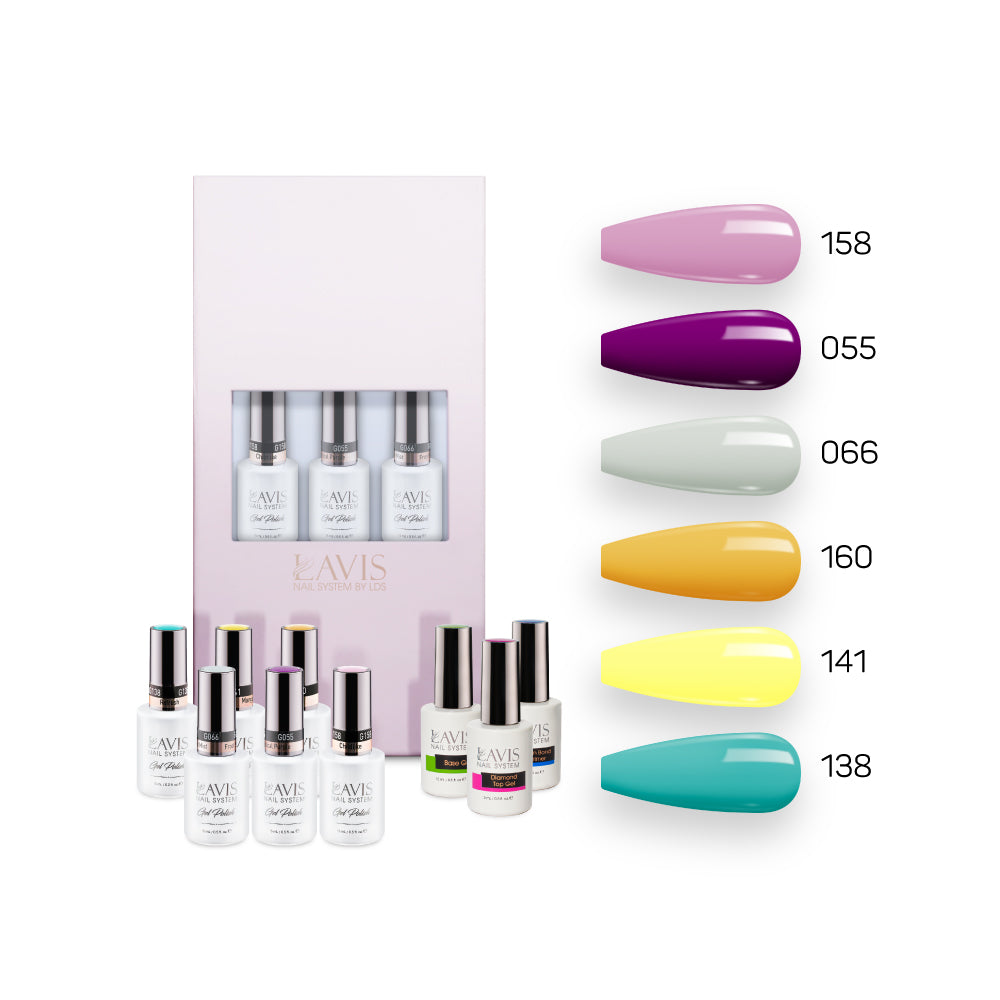  Lavis Summer Collection Gel Set 6: 6 Gel Polishes, 1 Base Gel, 1 Top Gel, 1 Protein Bond & Primer - 158; 055; 066; 160; 141; 138 by LAVIS NAILS sold by DTK Nail Supply