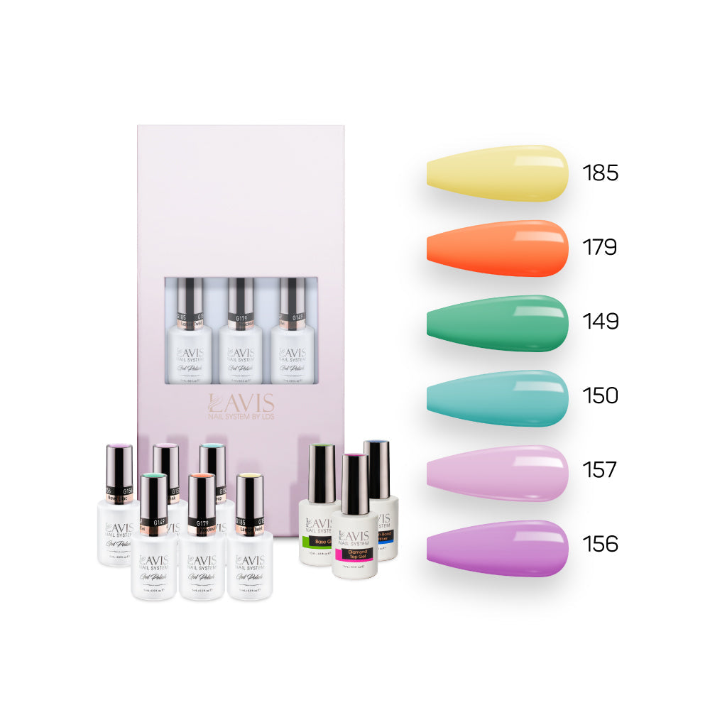  Lavis Summer Collection Gel Set 7: 6 Gel Polishes, 1 Base Gel, 1 Top Gel, 1 Protein Bond & Primer - 185; 179; 149; 150; 157; 156 by LAVIS NAILS sold by DTK Nail Supply