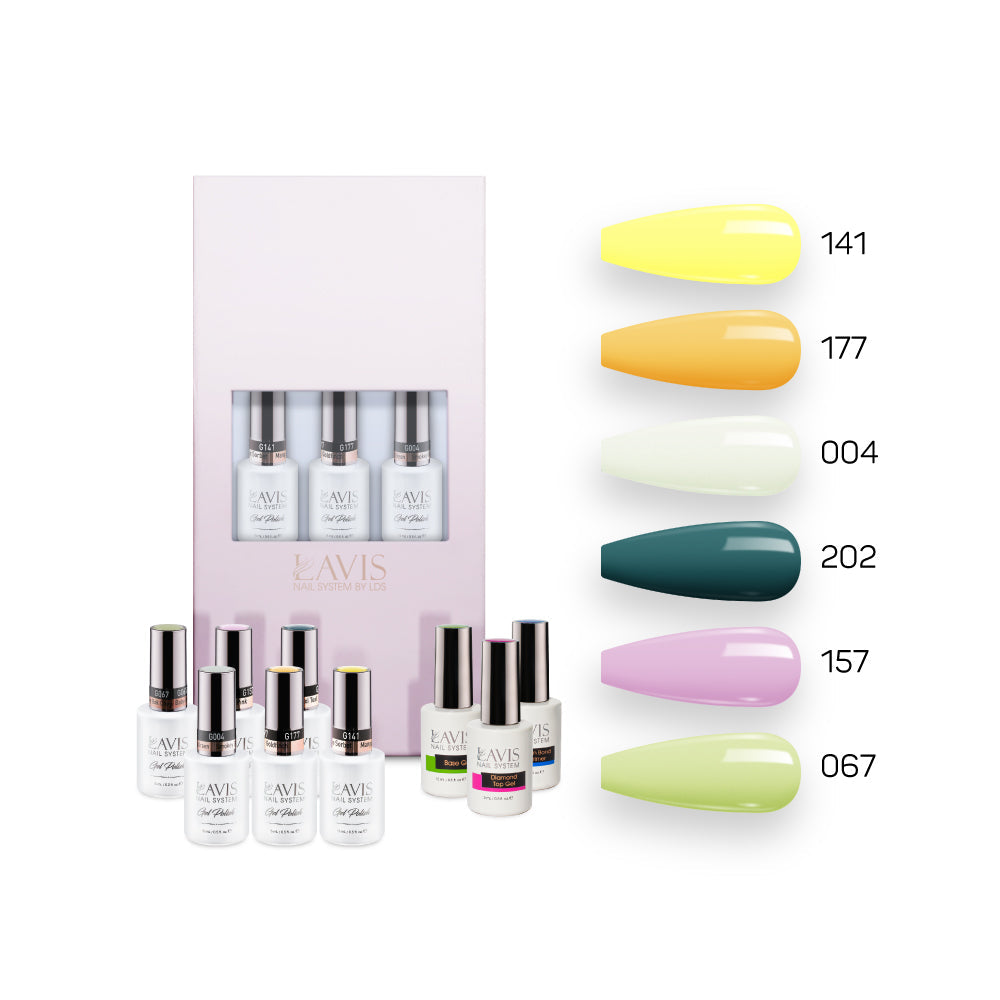  Lavis Summer Collection Gel Set 8: 6 Gel Polishes, 1 Base Gel, 1 Top Gel, 1 Protein Bond & Primer - 141; 177; 004; 202; 157; 067 by LAVIS NAILS sold by DTK Nail Supply