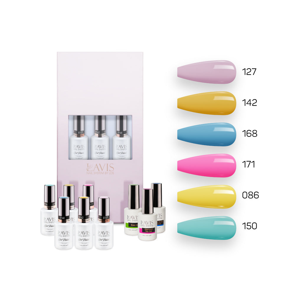  Lavis Summer Collection Gel Set 9: 6 Gel Polishes, 1 Base Gel, 1 Top Gel, 1 Protein Bond & Primer - 127; 142; 168; 171; 086; 150 by LAVIS NAILS sold by DTK Nail Supply