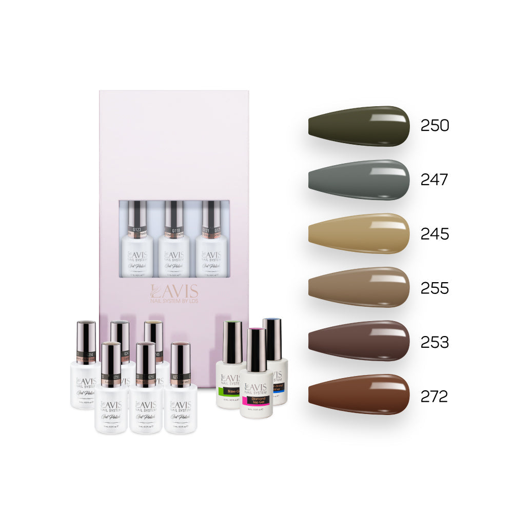  Lavis Fall Collection Gel Set 1: 6 Gel Polishes, 1 Base Gel, 1 Top Gel, 1 Protein Bond & Primer - 250; 247; 245; 255; 253; 272