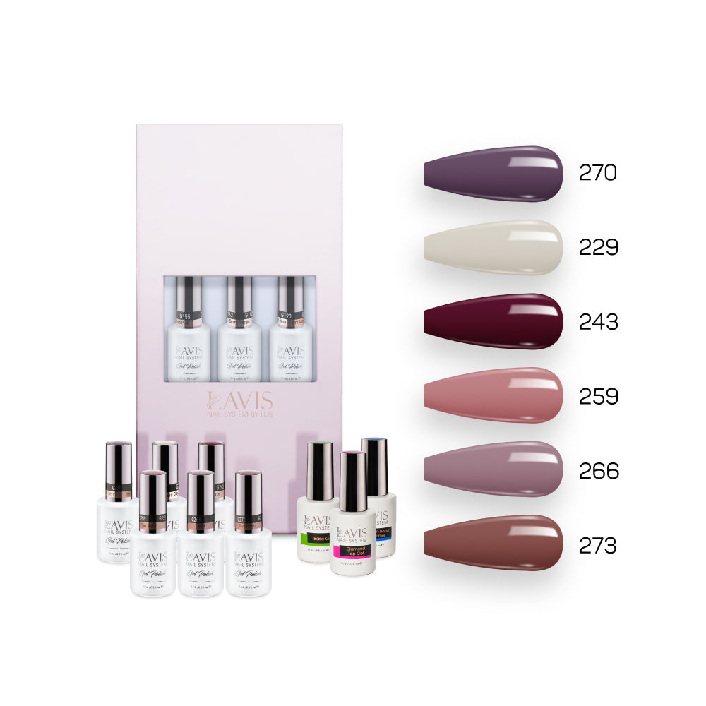  Lavis Fall Collection Gel Set 2: 6 Gel Polishes, 1 Base Gel, 1 Top Gel, 1 Protein Bond & Primer - 270; 229; 243; 259; 266; 273