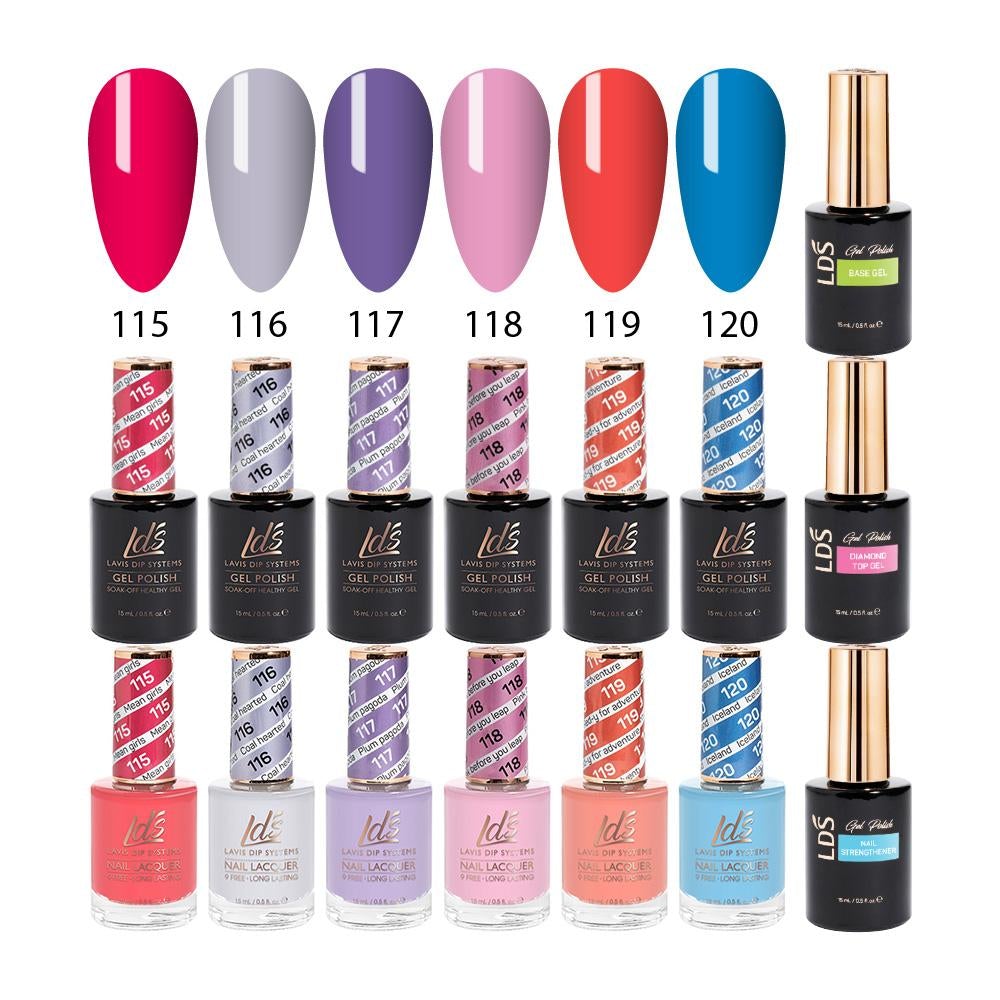 LDS Gel & Matching Lacquer Starter Kit : 115, 116, 117, 118, 119, 120, Base,Top & Strengthener