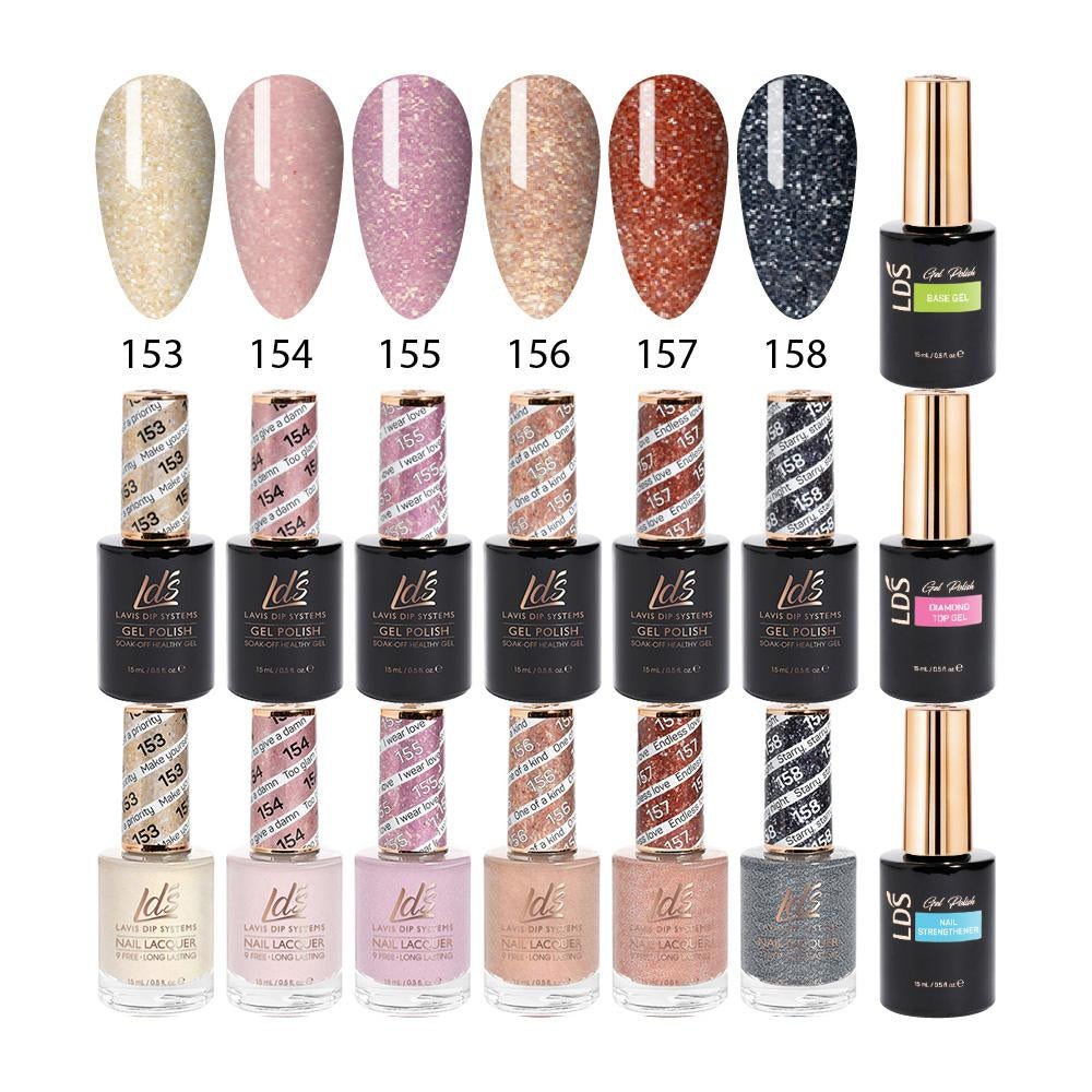 LDS Gel & Matching Lacquer Starter Kit : 153, 154, 155, 156, 157, 158, Base,Top & Strengthener