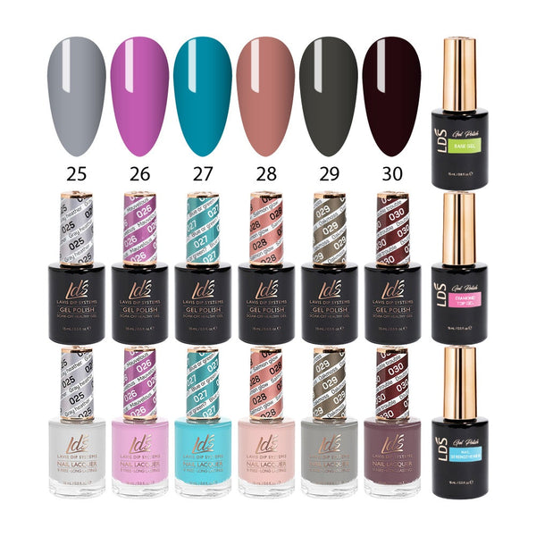 LDS Gel & Matching Lacquer Starter Kit : 025, 026, 027, 028, 029, 030, Base,Top & Strengthener