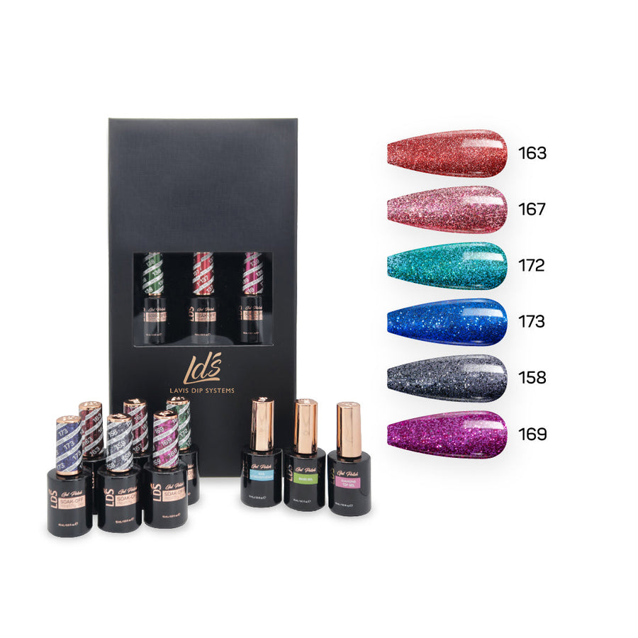 LDS Holiday Collection: 6 Gel Polishes, 1 Base Gel, 1 Top Gel, 1 Strengthener Gel - KEEP IT PLAYFUL - 163, 167, 172, 173, 158, 169