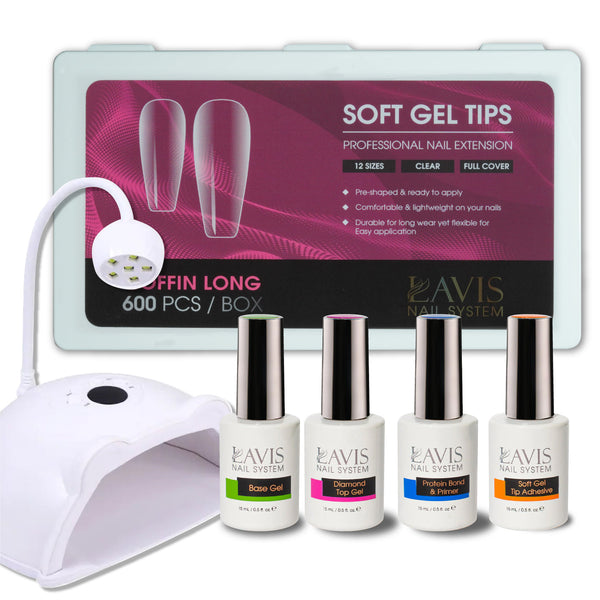 LAVIS - Coffin Long Clear Soft Gel Tips + LED/UV Nail Lamps 48W HS-887 + LAVIS Gel Base, Diamond Top, Protein Bond & Primer, Soft Gel Tip Adhesive - 0.5 oz