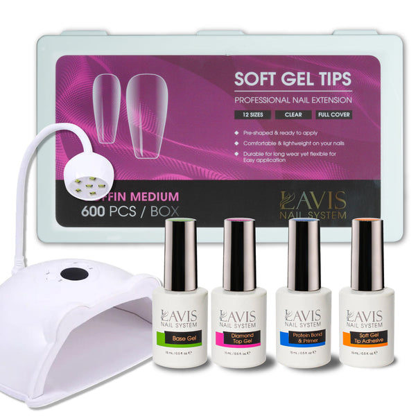 LAVIS - Coffin Medium Clear Soft Gel Tips + LED/UV Nail Lamps 48W HS-887 + LAVIS Gel Base, Diamond Top, Protein Bond & Primer, Soft Gel Tip Adhesive - 0.5 oz