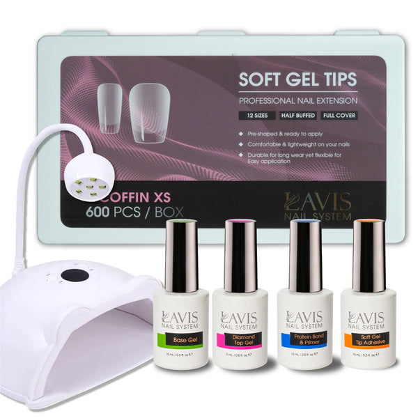 LAVIS - Coffin XS Half Buffed Soft Gel Tips + LED/UV Nail Lamps 48W HS-887 + LAVIS Gel Base, Diamond Top, Protein Bond & Primer, Soft Gel Tip Adhesive - 0.5 oz