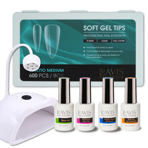 LAVIS - Stiletto Medium Clear Soft Gel Tips + LED/UV Nail Lamps 48W HS-887 + LAVIS Gel Base, Diamond Top, Protein Bond & Primer, Soft Gel Tip Adhesive - 0.5 oz