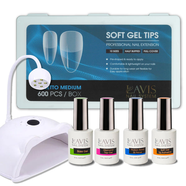 LAVIS - Stiletto Medium Half Buffed Soft Gel Tips + LED/UV Nail Lamps 48W HS-887 + LAVIS Gel Base, Diamond Top, Protein Bond & Primer, Soft Gel Tip Adhesive - 0.5 oz
