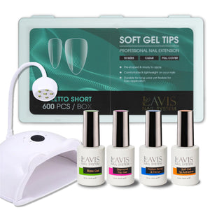 LAVIS - Stiletto Short Clear Soft Gel Tips + LED/UV Nail Lamps 48W HS-887 + LAVIS Gel Base, Diamond Top, Protein Bond & Primer, Soft Gel Tip Adhesive - 0.5 oz