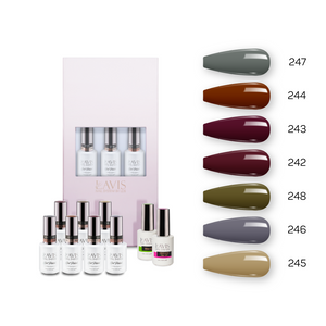 Lavis Holiday Collection: 7 Gel Polishes, 1 Base Gel, 1 Top Gel - Set 16 - 247, 244, 243, 242, 248, 246, 245 + BT