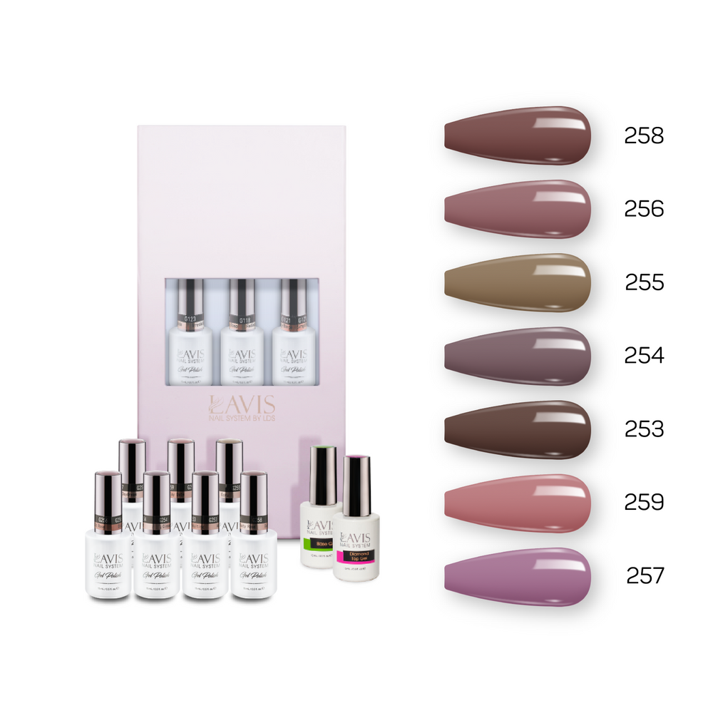 Lavis Holiday Collection: 7 Gel Polishes, 1 Base Gel, 1 Top Gel - Set 17 - 258, 256, 255, 254, 253, 259, 257 + BT