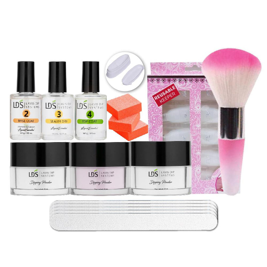 Pro Kit: 5 Mini Files & 3 Buffers, Mini Brush, Molding, Remover Clips, 3 Dipping Powder Essentials, CLEAR, French White, Natural Pink 0.5oz